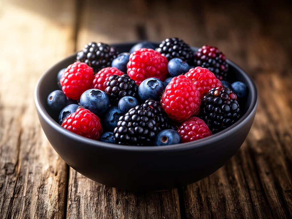 Macro shot di frutti di bosco misti — mirtilli, lamponi, more — in una ciotola di ceramica scura su un tavolo rustico di legno, con luce naturale laterale che esalta i colori profondi e le texture