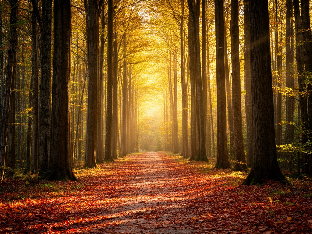 Percorso forestale tra alberi ad alto fusto durante una passeggiata mattutina, con luce dorata che filtra tra i rami, terreno coperto di foglie autunnali, visione prospettica del sentiero verso l'orizzonte