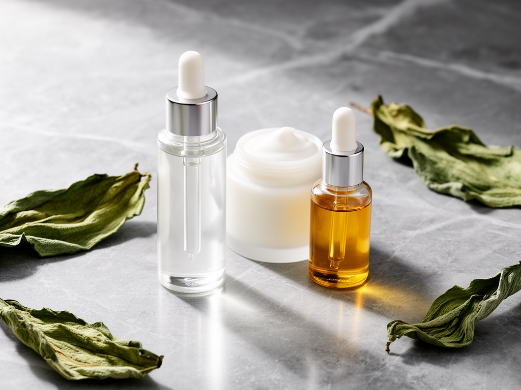 Flaconi minimalisti di prodotti per la cura della pelle — siero trasparente, crema bianca, olio dorato — su una superficie di marmo grigio con foglie verdi secche, illuminazione naturale morbida e diffusa