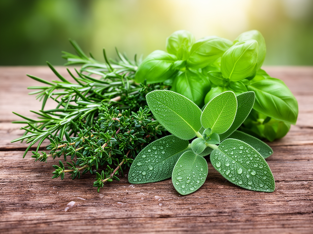 Mazzo di erbe aromatiche fresche — rosmarino, timo, salvia e basilico — appoggiato su una tavola di legno rustico con gocce d&rsquo;acqua sulle foglie, sfondo leggermente sfocato con luce naturale mattutina