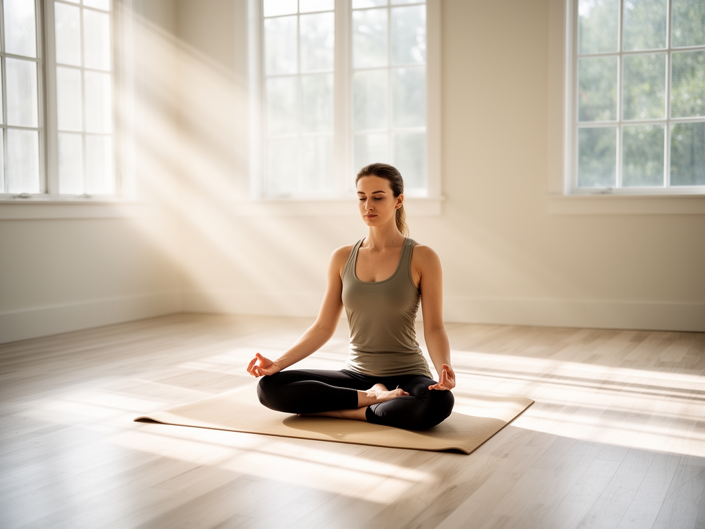 Persona seduta in posizione di meditazione su una stuoia beige in una stanza luminosa con finestre grandi, luce del mattino che crea fasci di luce sul pavimento di legno chiaro, atmosfera di silenzio