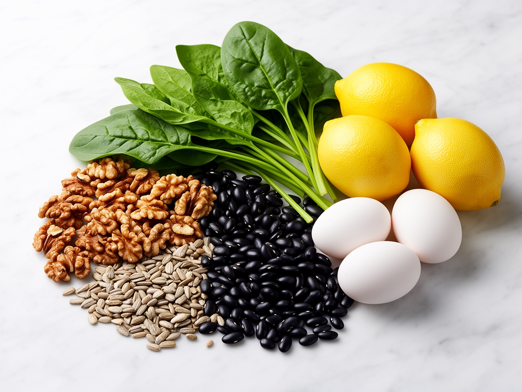 Selezione di alimenti ricchi di micronutrienti disposti su una superficie di marmo bianco: noci, semi di girasole, spinaci freschi, fagioli neri, uova, limoni, su sfondo naturale luminoso