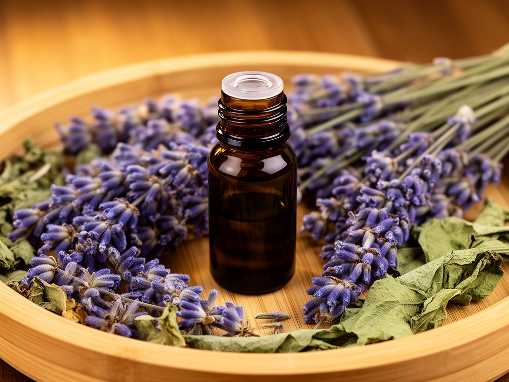 Fiale di vetro scuro con oli essenziali su un vassoio di bamboo naturale, circondati da fiori di lavanda essiccati e foglie verdi secche, con illuminazione calda e ambientale